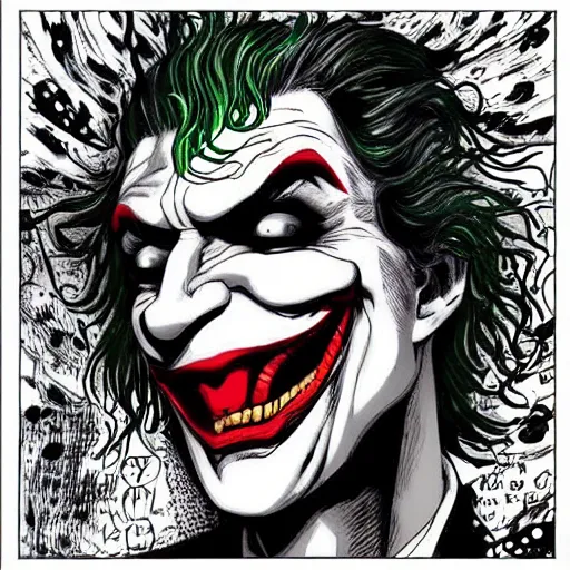 Image similar to The Joker portrait in the style of Junji Ito. Manga. Black & White. Gothic. Horror. Exquisitely detailed. 4K.