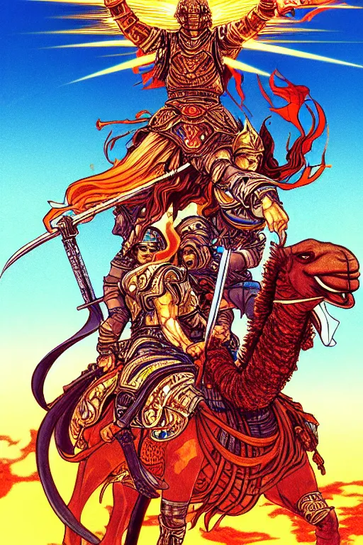 Image similar to illustration of warrior with a flaming sword riding a camel, praise the sun, in the style of moebius, ayami kojima, 1 9 9 0's anime, retro fantasy