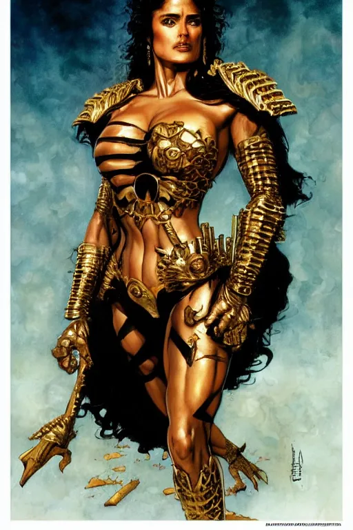 Prompt: muscular beautiful salma hayek wearing gold and black armor tombow artwork greg staples , dug stanat, norman rockwell , christophe young eytan zana , rumiko takahashi