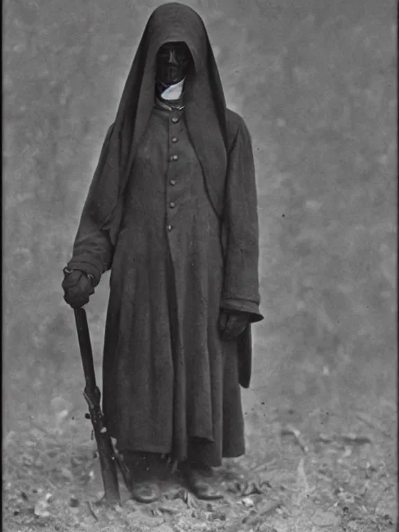 Image similar to portrait of faceless grim reaper, ww1 photo, grainy, high detail, high resolution,