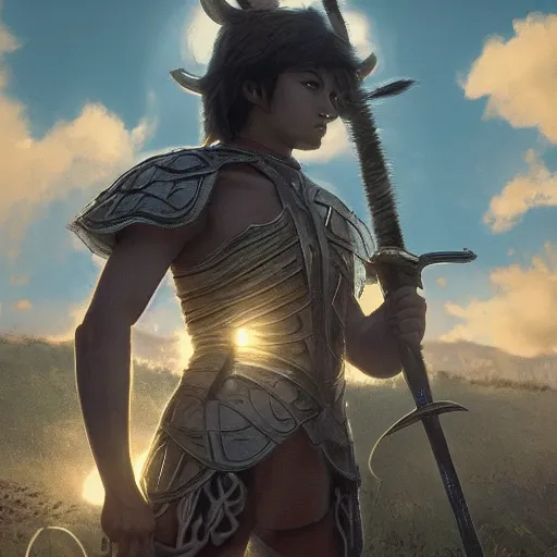 Image similar to a ultra detail picture portrait of A warrior in shimmering armor, the sun at their back, strides forward with sword held high. They are the embodiment of courage and strength, and they are ready to fight for what is right. vivid tones, wide angle, by miyazaki, nausicaa ghibli, 8k, photorealistic,