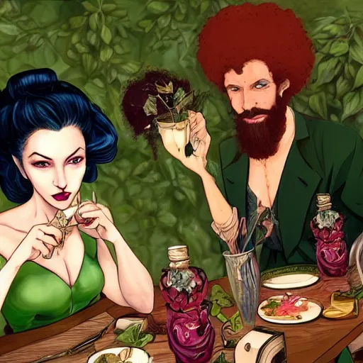 Image similar to a beautiful picture of doctor poison ivy professor of botany and doctor liliana vess professor of demonology having lunch, academic clothing, dark eyeliner, intricate, elegant, highly detailed, digital painting, artstation, concept art, matte, sharp focus, illustration, art by bob ross and hokusai