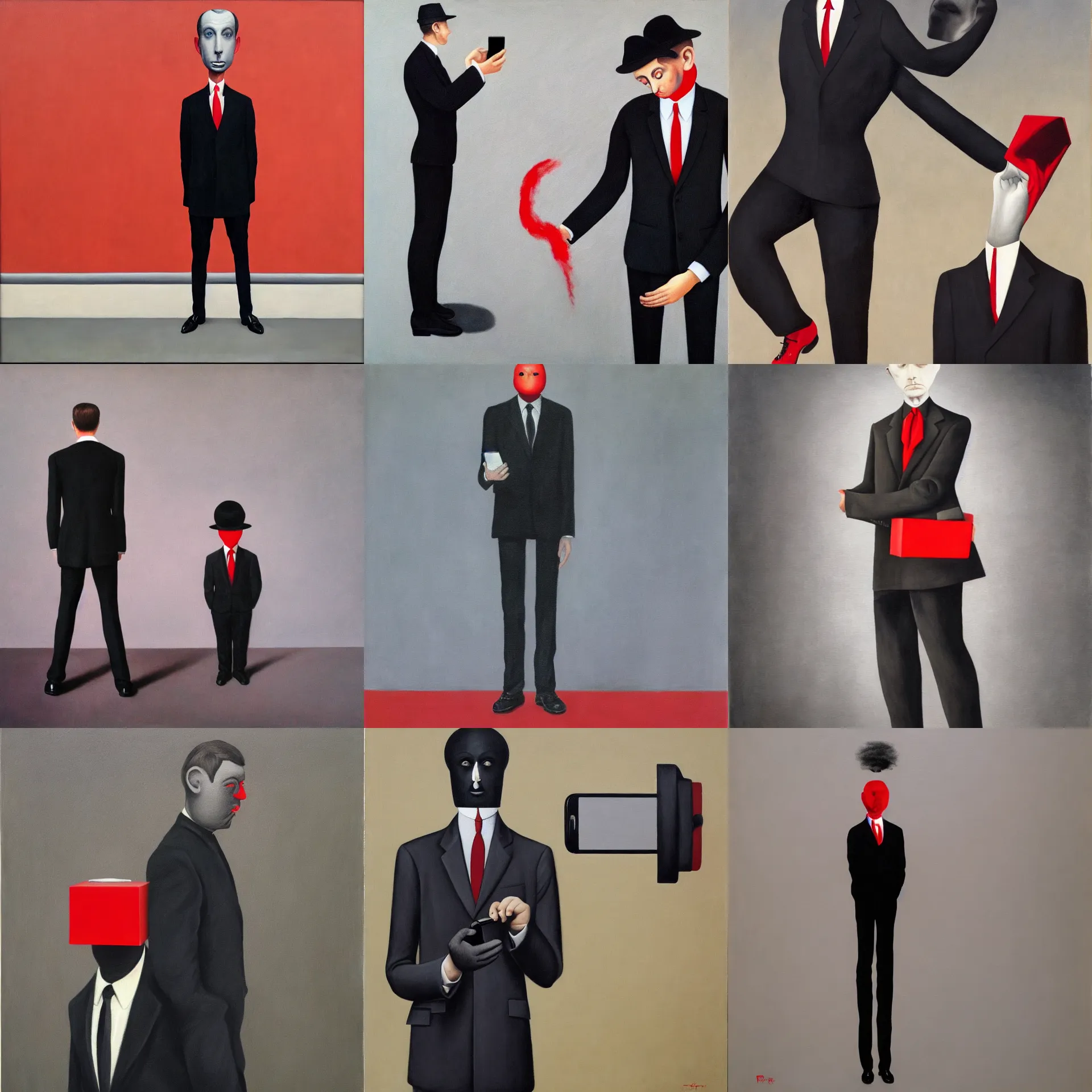 Prompt: front view full body oil painting of a man with an iphone replacing his face, wearing black grey suit, red tie, black pants, dark shoes painted by rene magritte