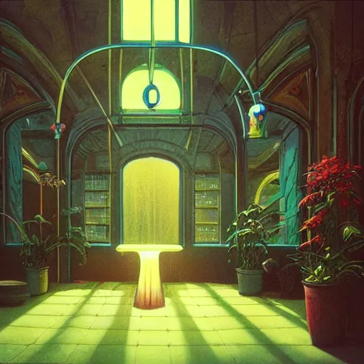 Image similar to 80s interior with arched windows, neon lighting, hanging plants, cinematic, cyberpunk, lofi, calming, dramatic, fantasy, by Moebius, by zdzisław beksiński, Fantasy LUT, epic composition,