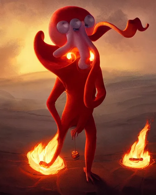 Image similar to squidward ( anthropomorphic squid ) wearing fire nation clothing and practicing firebending outside at susnset, [ greg rutkowski ]