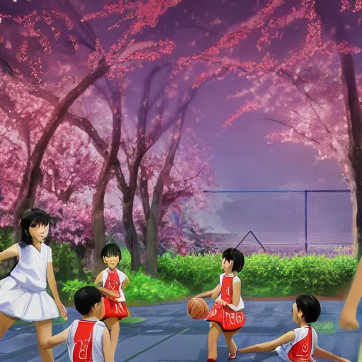 Prompt: hachishakusama wearing a white dress playing basketball against a group of kindergarteners wearing japanese school uniforms, complete detailed body, cherry blossom trees in background, moody atmosphere, digital art, highly detailed, high contrast, beautiful lighting, award winning, trending on art station, photorealistic, 8 k,