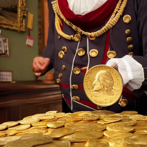 Image similar to a closeup photorealistic photograph of a happy George Washington inspecting small gold Doubloon coins at his home on Cherry Street. This 4K HD image is Trending on Artstation, featured on Behance, well-rendered, extra crisp, features intricate detail and the style of Unreal Engine.