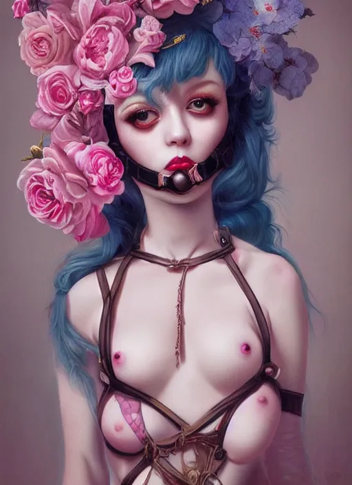 Prompt: pop surrealism, lowbrow art, realistic seductive cute woman looking painting, pink body harness, japanese shibari with blue flowers, hyper realism, muted colours, rococo, natalie shau, loreta lux, tom bagshaw, mark ryden, trevor brown style,