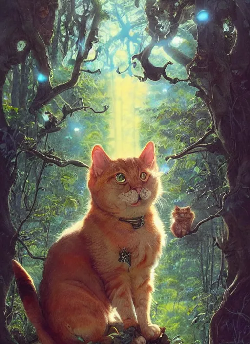 Prompt: a hyper realistic cat god with happy lighting and technology jewelry in the woods gorgeous lighting, sunbeams blue sky, lush forest foliage painting by chiara bautista and beksinski and norman rockwell and greg rutkowski weta studio, and lucasfilm