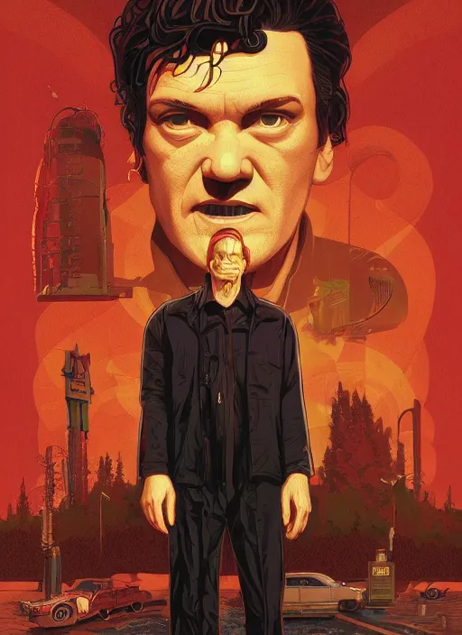 Image similar to poster artwork by Michael Whelan and Tomer Hanuka, Karol Bak of portrait of Quentin Tarantino the local video store kerk, from scene from Twin Peaks, clean, simple illustration, nostalgic, domestic, full of details