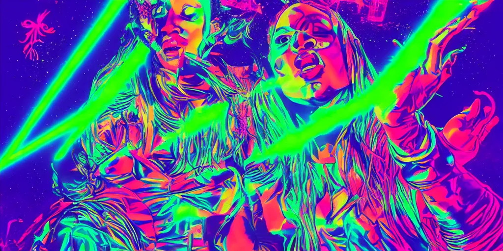 Image similar to female rappers performing on stage with laser light show, digital art, vapor wave, hip hop, psychedelic, trending on Artstation, professional artist, detailed, 4k