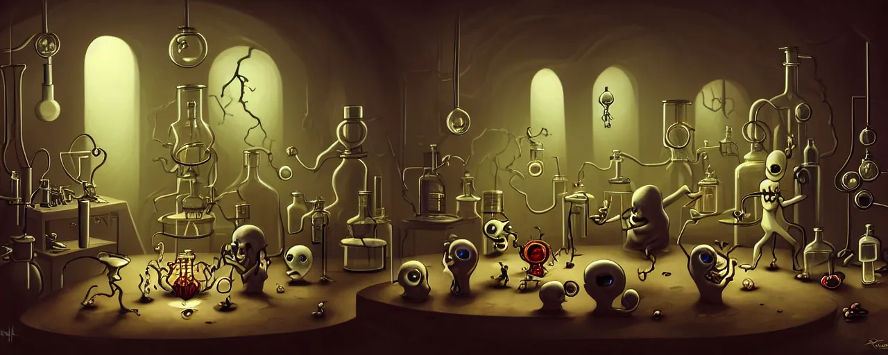 Image similar to uncanny alchemist chthonic creatures inside an alchemical lab within the left ventricle of a human heart, dramatic lighting, surreal fleischer cartoon characters, surreal painting by ronny khalil