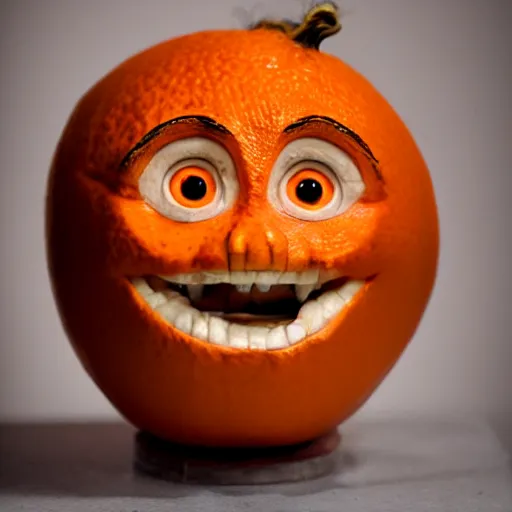 Image similar to a taxidermized annoying orange, in a museum, 8 5 mm lens, 7 0 mm entrance pupil diameter