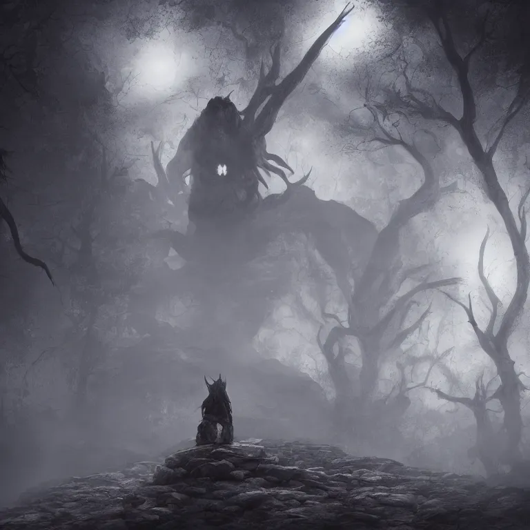 Image similar to a gigantic demon on a cobblestone hard mountain, night, scary, eerie, foggy lighting, rim light, digital art.