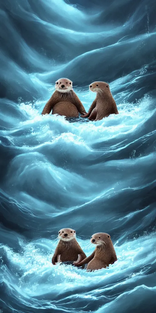 Prompt: An adorable otter saving his sleeping wife from the whirlpool, in love, holding hands side by side, in the middle of a super scary storm at sea, thunder, lightning, waves, fantasy illustration, cinematic, award winning, romantic, detailed trending on artstation, masterpiece