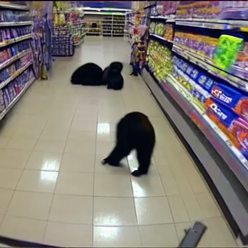 Image similar to cctv footage of gorilla in walmart, high angle security camera feed,