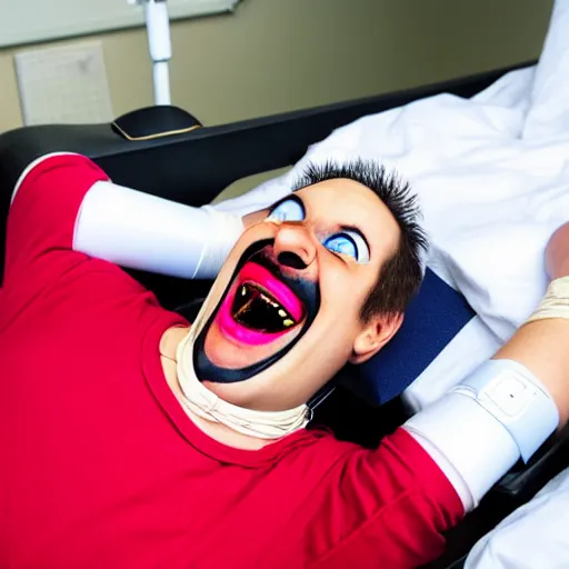 Image similar to confused laughing clown lying in hospital bed with wrist restraints on, restraint fabric straps attached to hospital bed, photograph, 8 k