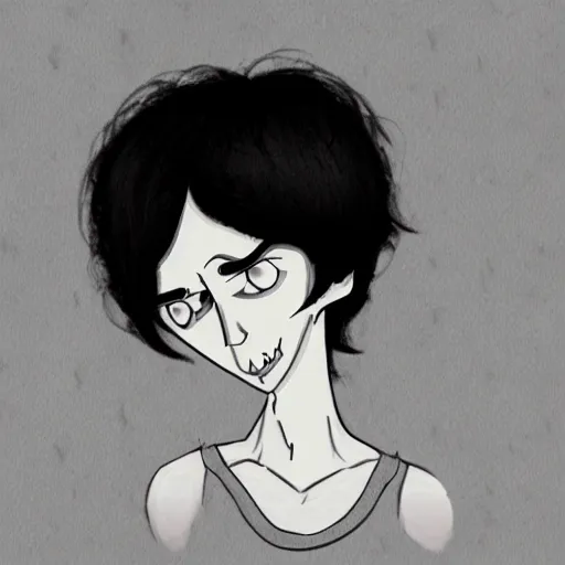 Image similar to young man portrait, black hair, skinny, sleep deprived, corpse bride art style