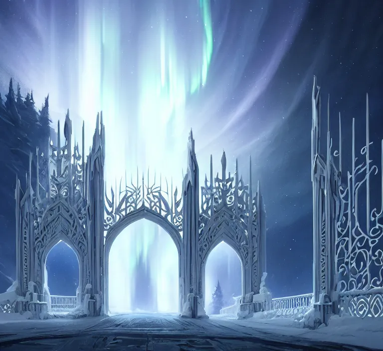 Prompt: a very detailed concept art of intricate and well designed white gates to aurora borealis infused with magic by greg rutkowski, dynamic lighting trending on artstation, symmetry, digital art, 4 k, hyper realistic, octane render, sharp focus