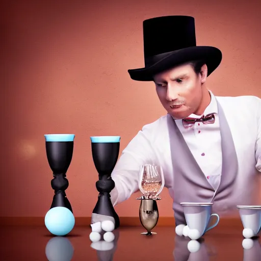 Image similar to magician performing the cups and balls very realistic