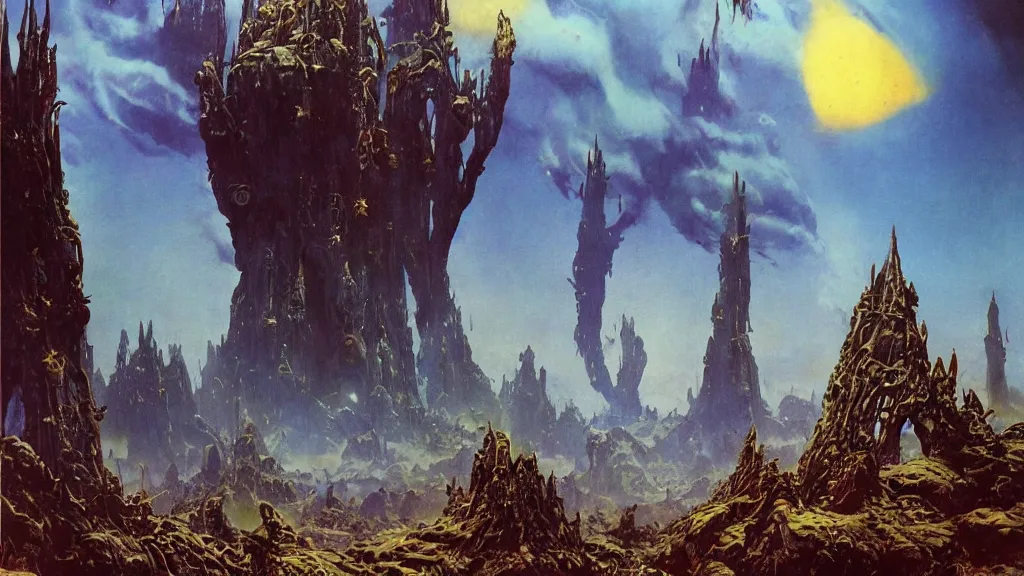 Image similar to surreal eerie alien planet empire with strange biomechanical plants by frank frazetta and bruce pennington, cinematic matte painting