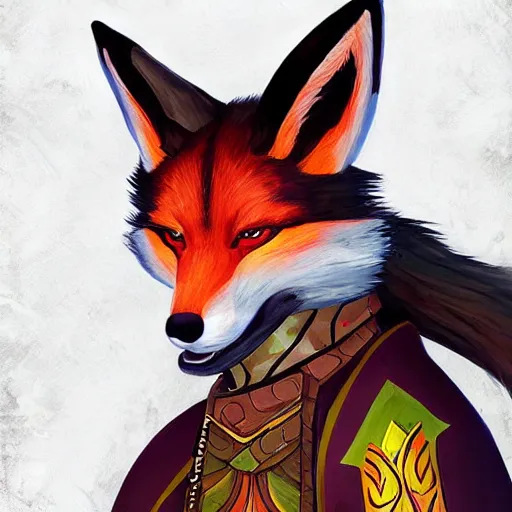 Image similar to a painted avatar portrait of an awesome powerful humanoid kitsune fox mage themed around life and death, in the style of dnd beyond avatar portraits, beautiful, artistic, elegant, lens flare, magical, lens flare, nature, realism, stylized