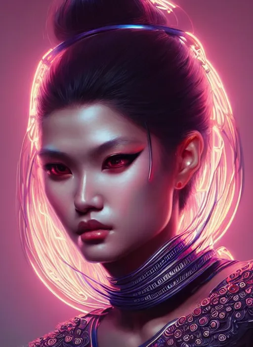 Image similar to portrait of oriental female humanoid, very intricate details, elegant, cyber neon lights, highly detailed, digital illustration, trending in artstation, trending in pinterest, glamor pose, concept art, smooth, sharp focus, art by artgerm and greg rutkowski