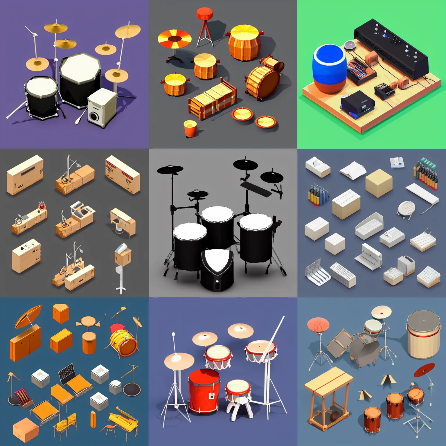 Prompt: isometric 3 d drumkit, low poly