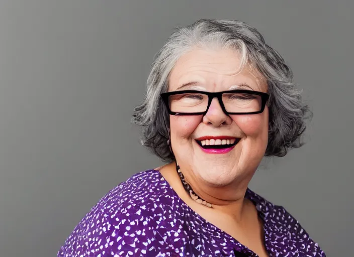 Prompt: Friendly smiling obese american coffee lady in her late 60s, short grey hair, glasses, purple lipstick, geometric patterned shirt, realistic studio photo - H 1280