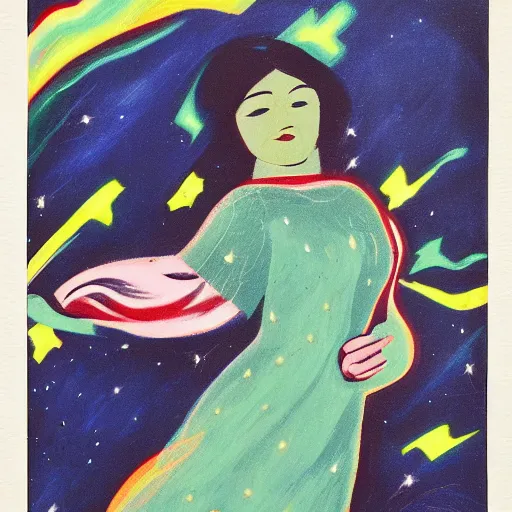 Image similar to navajo green distorted by arturo souto, by kees scherer. a conceptual art of a woman with wings made of stars, surrounded by a blue & white night sky. the woman is holding a staff in one hand, & a star in the other. she is wearing a billowing dress, & her hair is blowing in the wind.