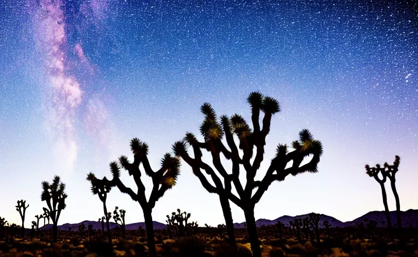 Prompt: night sky with joshua trees lit by moonlight