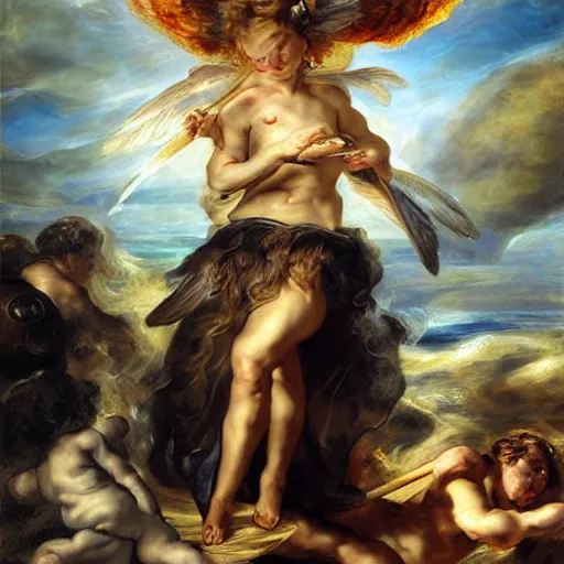 Image similar to heavenly summer sharp land sphere scallop angels smoking cigars, by Peter Paul Rubens and Eugene Delacroix and Karol Bak , Hyperrealism , digital illustration , fauvist