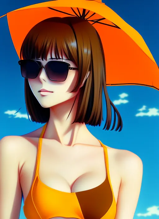 prompthunt: anime portrait of a handsome woman, brown hair, yellow - orange  eyes, wearing sunglasses and two - piece swimsuit, ilya kuvshinov, anime,  pixiv top monthly, trending on artstation, cinematic, danbooru, zerochan