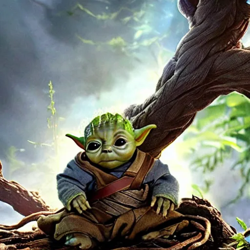 Prompt: baby Yoda Playing with Groot in guardians of the Galaxy 4k detailed super realistic