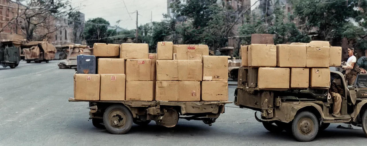 Image similar to transporting spaghetti boxes, world war 2, u. s. army, canon 5 0 mm, kodachrome, in the style of wes anderson, retro