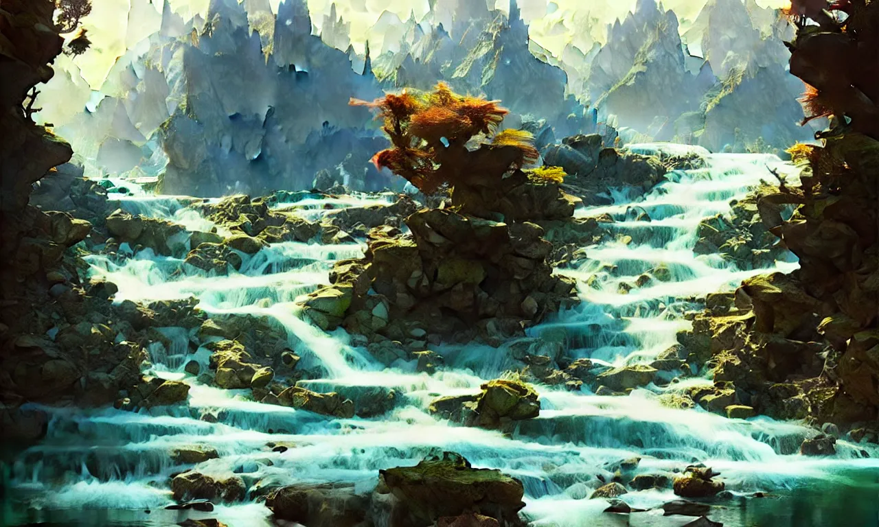 Image similar to Mountain river flows through a fantasy landscape gorge. A big blue lake in the middle of the mountains. Fabulous nature, amazing seascape, highly detailed, digital painting, artstation, concept art, smooth, sharp focus, illustration, art by greg rutkowski and alphonse mucha