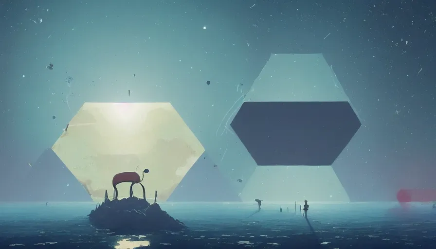 Image similar to hexagon floating in space, blocking sun, earth in foreground, simon stalenhag