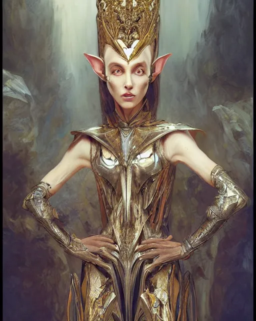 Image similar to Frightening and beautiful High elf queen wearing high fashion from Alexander McQueen and Iris Van Herpen, hyperrealistic masterpiece painted by Jaime Jones, Craig Mullins, Artgerm and Alphonse Mucha