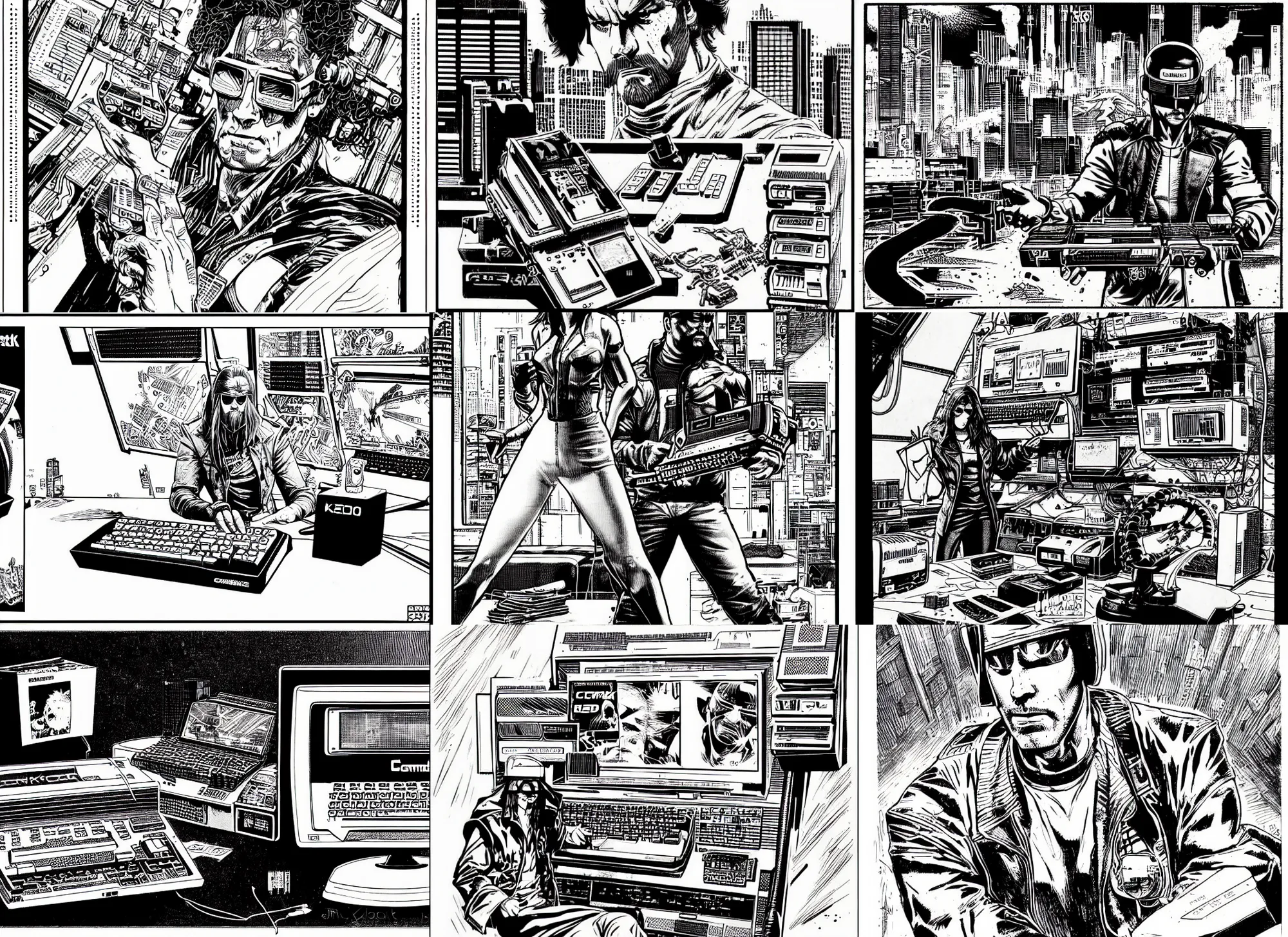 Prompt: commodore 6 4 and a monitor, cyberpunk 2 0 2 0 manual, by steampoweredmikej, by tim bradstreet, inktober, ink drawing, black and white, coloring pages, manga, highly detailed