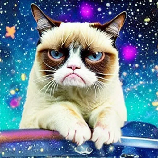 Image similar to Grumpy cat bathing in the opalescent cosmos, his worries melting away leaving a slight smirk on relaxed face, surrounded by stars and fancy feast, his decadence knows no bounds, he is grumpy no more