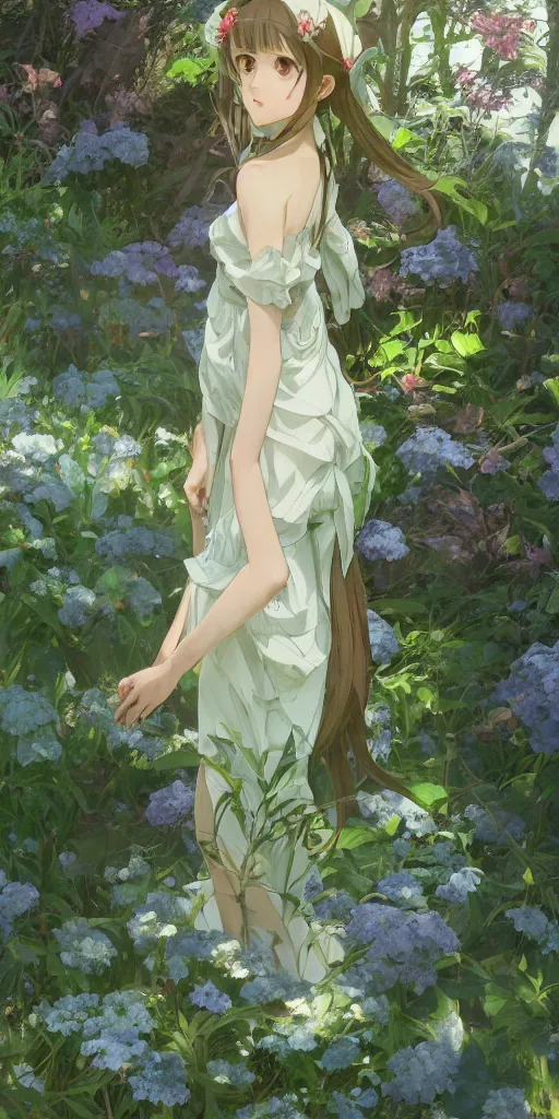 Image similar to a loli with long hair in a dress in the privet garden at after noon, green and warm theme, blue accents, low angle, back lighting, highly detailed, 4 k resolution, trending on art station, by krenz cushart and mucha and akihito yoshida and greg rutkowski and makoto shinkai