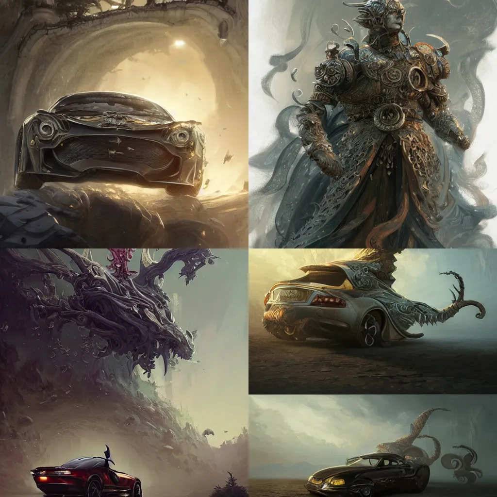 Prompt: full view of a car, fantasy, intricate, elegant, highly detailed, digital painting, concept art, smooth, sharp focus, art style from Greg Rutkowski and Bruce Kaiser and Scott Robertson and Dmitry Mazurkevich and Doruk Erdem and Jon Sibal
