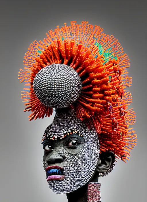 Prompt: intricate hyper detailed ultra sharp porcelain afro maasai warrior biomechanical cyborg, analog, studio light, iris van harpen haute couture, hexagonal wire mesh, laser cut paper collar, headdress with daisies, colorful puffballs, mushrooms, rhizomorphs, brackets, sponge corals, intricate details, octane render, 8 k