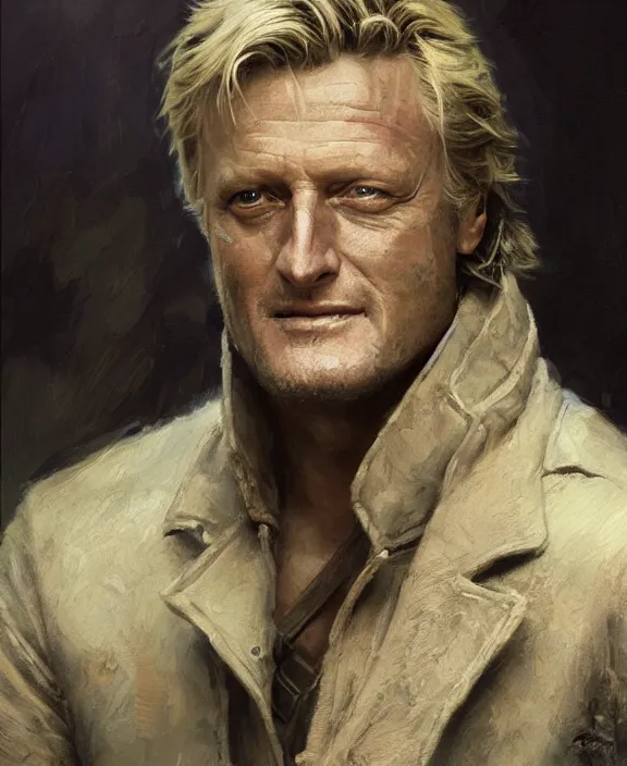 Image similar to portrait of rutger hauer, joyful, highly detailed painting by gaston bussiere, craig mullins, j. c. leyendecker 8 k,