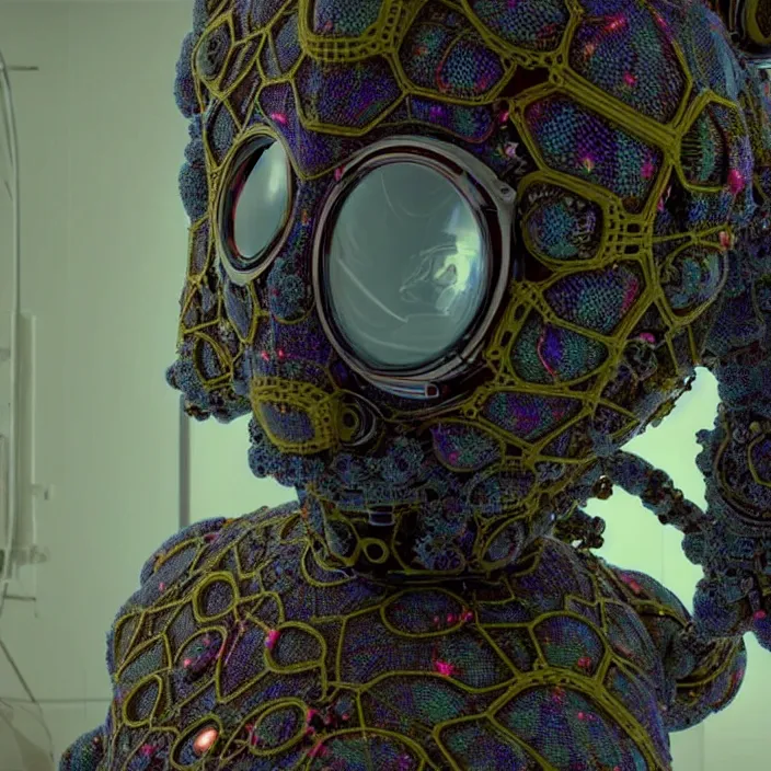 Image similar to a cybernetic symbiosis of a single astronaut mech-organic eva suit made of pearlescent wearing knitted shiny ceramic multi colored yarn thread infected with diamond 3d fractal lace iridescent bubble 3d skin dotted covered with orb stalks of insectoid compound eye camera lenses floats through the living room, film still from the movie directed by Denis Villeneuve with art direction by Salvador Dalí, wide lens,kevlar,carbon fiber,ceramics,gaseous materials,