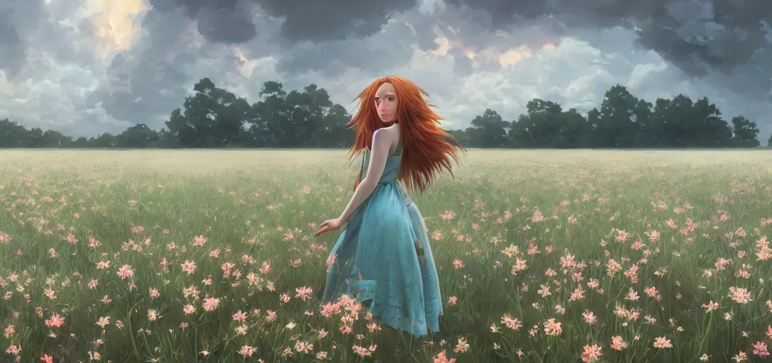 Image similar to a beautiful southern woman named Savannah, innocent, sad turquoise eyes, freckles, long ginger hair tied with white ribbon, relaxed in a field of flowers on a farm, gentle lighting, storm in the distance, somber, western clothing, dress, digital art by Makoto Shinkai ilya kuvshinov and Wojtek Fus, digital art, concept art,