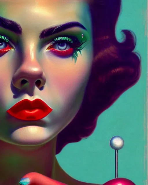 Image similar to closeup profile portrait of a 1 9 5 0 s cara delevigne wearing a bikini, mark ryden, lostfish, max fleischer, hyper realistic, artstation, illustration, digital paint, matte paint, vivid colors, bright, cheerful, detailed and intricate environment