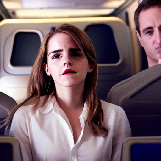 Image similar to emma watson, inside airplane, film still, instagram,