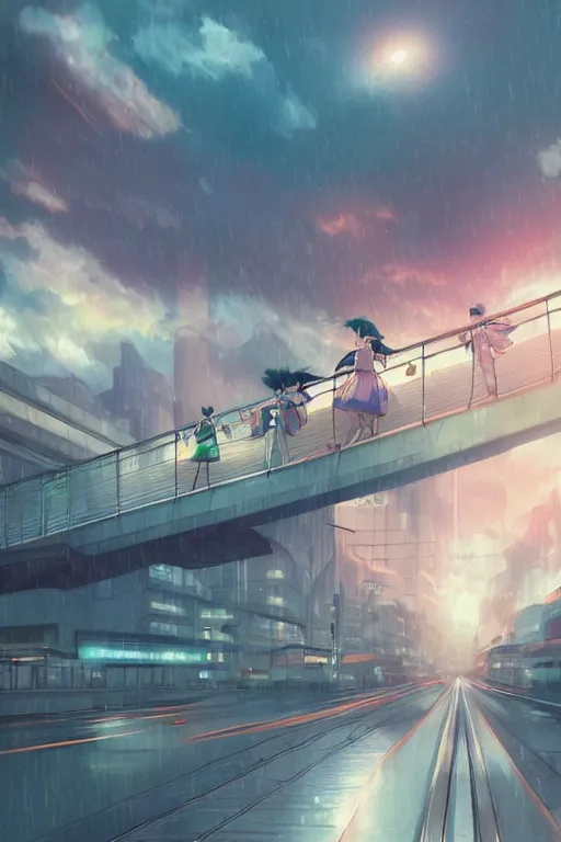 Image similar to 3d ultra realistic anime illustration, two schoolgirls flying on huge japanese elevated subway at rainy sunset. deep and complex composition. Pastel colors. style of Hiro Kiyohara anime. redshift, octane, trending on artstation, cinematic, oil painting