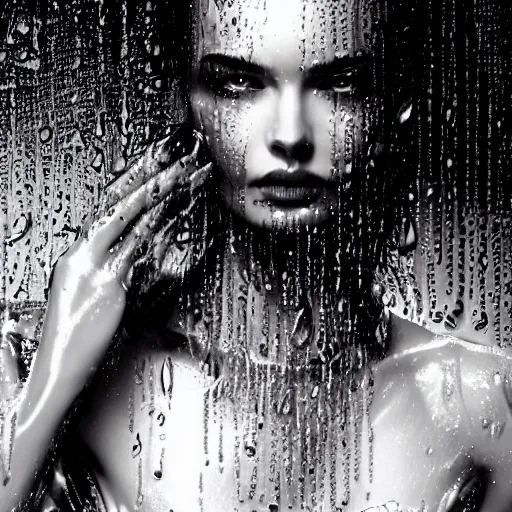 Prompt: close up of face of a wet adriana in luxury dress, heavy rain, dramatic lighting, official dior editorial, highly detailed